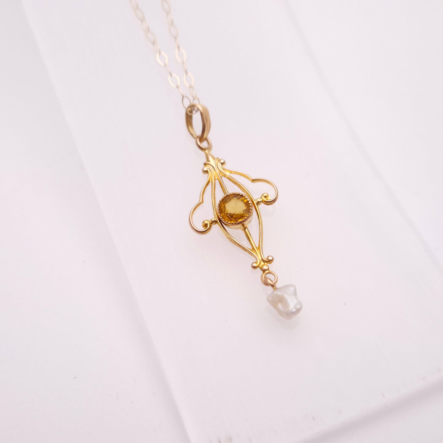 9ct Yellow Gold Orange Paste and Dogtooth Pearl Repro Vintage Openwork Necklace