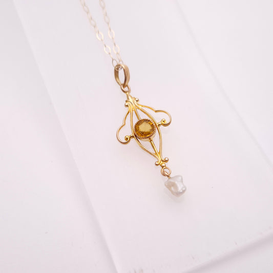 9ct Yellow Gold Orange Paste and Dogtooth Pearl Repro Vintage Openwork Necklace