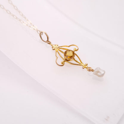 9ct Yellow Gold Orange Paste and Dogtooth Pearl Repro Vintage Openwork Necklace