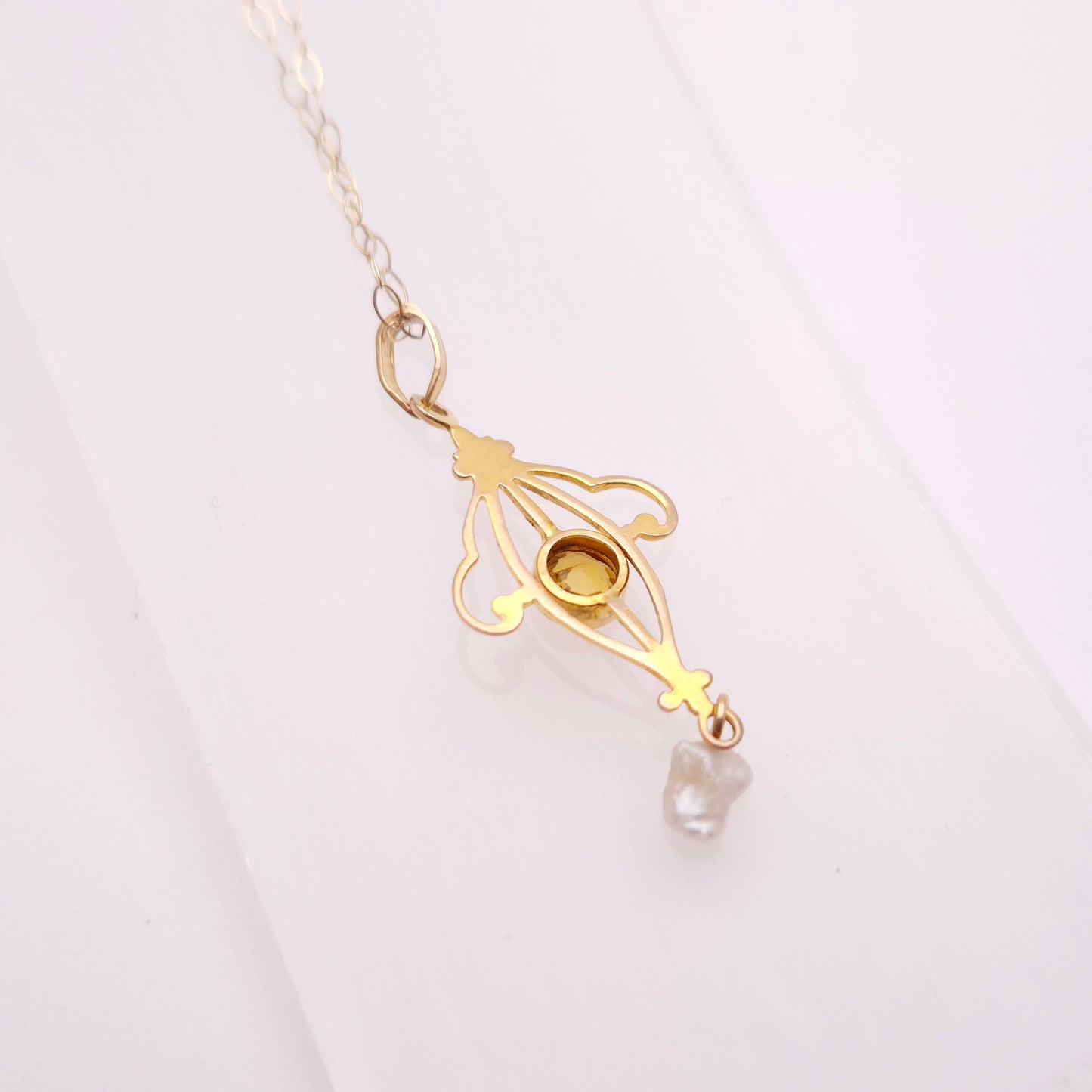 9ct Yellow Gold Orange Paste and Dogtooth Pearl Repro Vintage Openwork Necklace