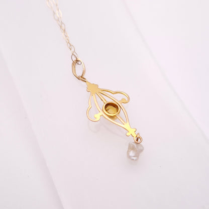 9ct Yellow Gold Orange Paste and Dogtooth Pearl Repro Vintage Openwork Necklace