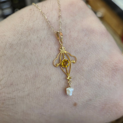 9ct Yellow Gold Orange Paste and Dogtooth Pearl Repro Vintage Openwork Necklace