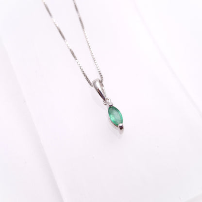9ct White Gold Marquise Cut Emerald Solitaire Pendant Necklace