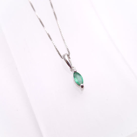 9ct White Gold Marquise Cut Emerald Solitaire Pendant Necklace