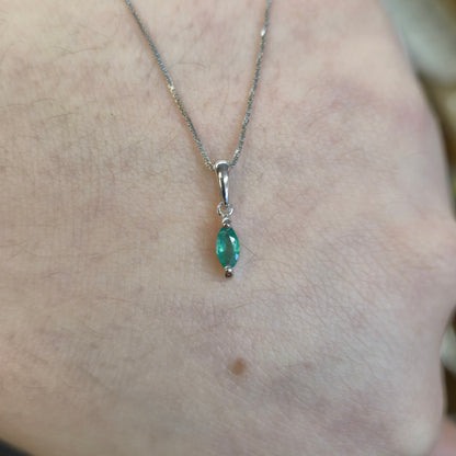 9ct White Gold Marquise Cut Emerald Solitaire Pendant Necklace