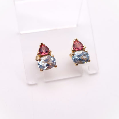 9ct Yellow Gold Pink Tourmaline and Blue Topaz Chunky Stud Earrings