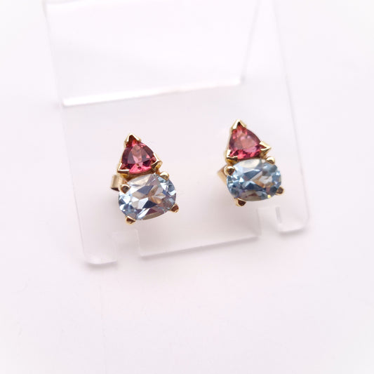 9ct Yellow Gold Pink Tourmaline and Blue Topaz Chunky Stud Earrings