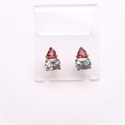 9ct Yellow Gold Pink Tourmaline and Blue Topaz Chunky Stud Earrings