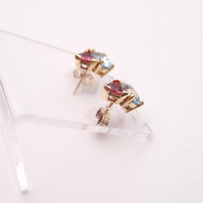 9ct Yellow Gold Pink Tourmaline and Blue Topaz Chunky Stud Earrings
