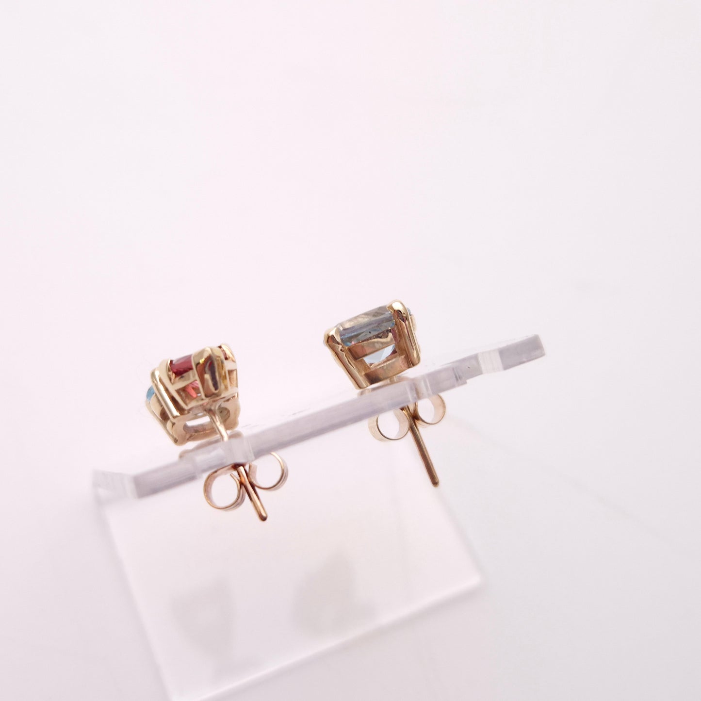 9ct Yellow Gold Pink Tourmaline and Blue Topaz Chunky Stud Earrings
