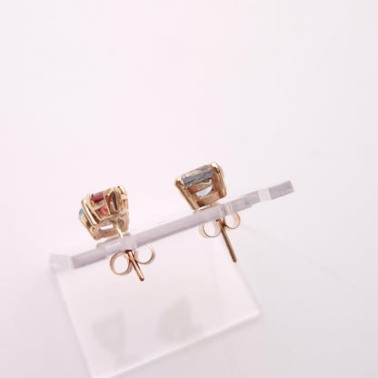9ct Yellow Gold Pink Tourmaline and Blue Topaz Chunky Stud Earrings