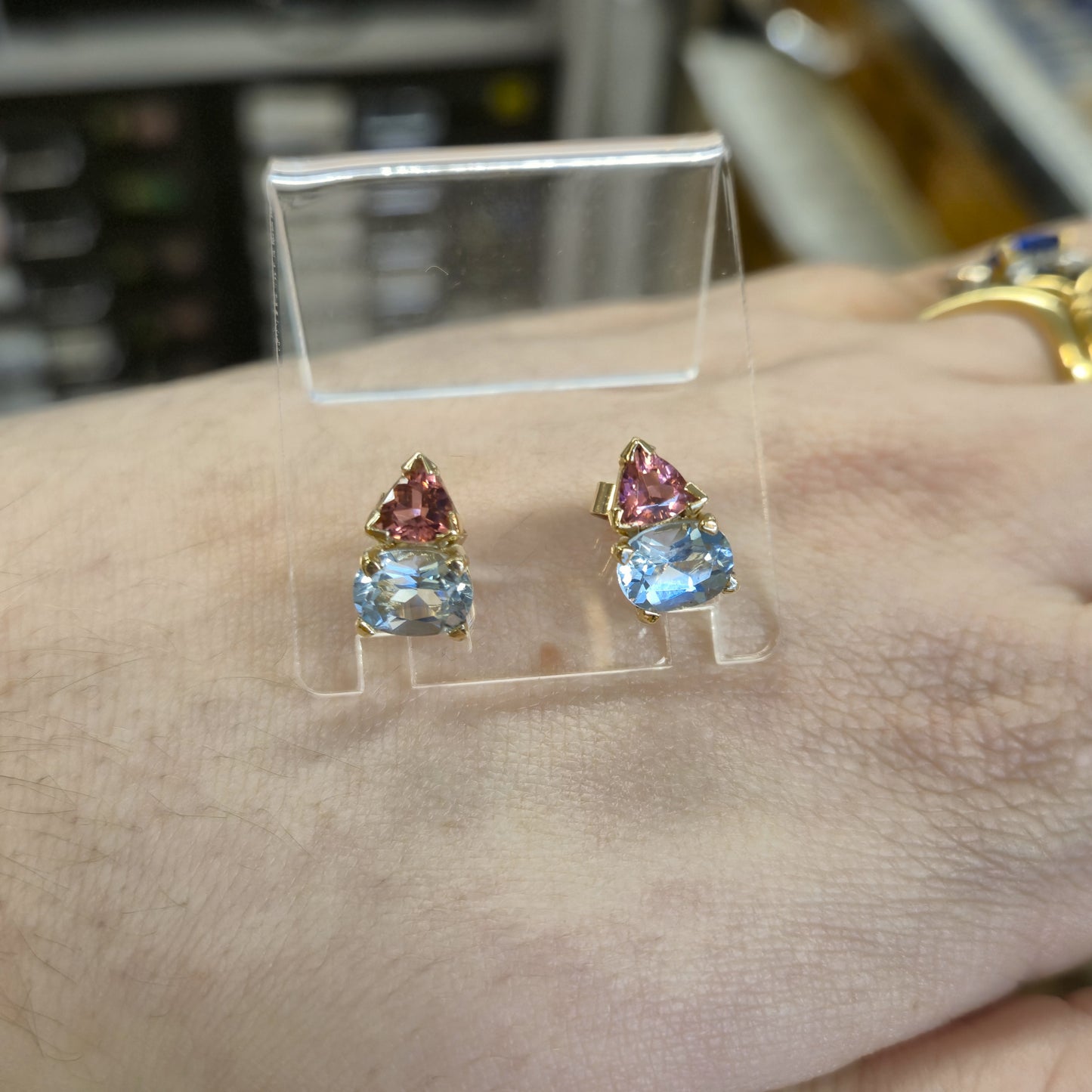 9ct Yellow Gold Pink Tourmaline and Blue Topaz Chunky Stud Earrings