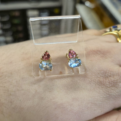 9ct Yellow Gold Pink Tourmaline and Blue Topaz Chunky Stud Earrings