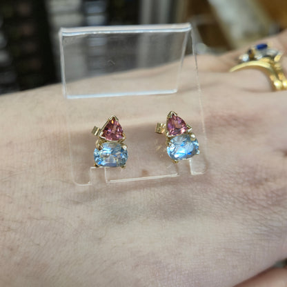 9ct Yellow Gold Pink Tourmaline and Blue Topaz Chunky Stud Earrings