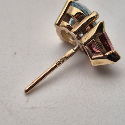 9ct Yellow Gold Pink Tourmaline and Blue Topaz Chunky Stud Earrings