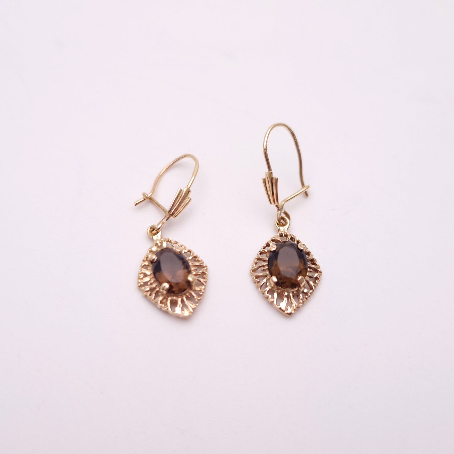 9ct Yellow Gold Vintage Cut-Out Openwork Smoky Quartz Drop Earrings