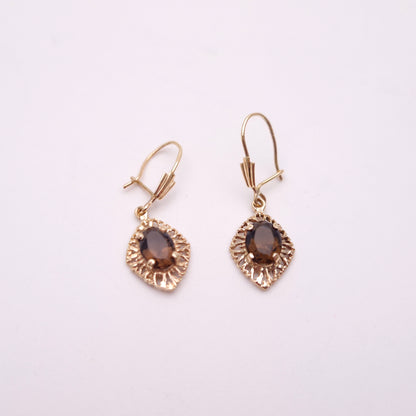 9ct Yellow Gold Vintage Cut-Out Openwork Smoky Quartz Drop Earrings