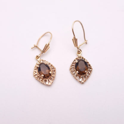 9ct Yellow Gold Vintage Cut-Out Openwork Smoky Quartz Drop Earrings