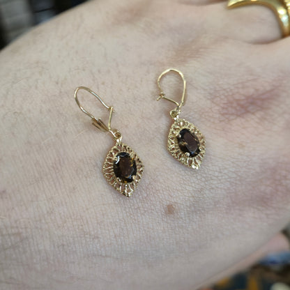 9ct Yellow Gold Vintage Cut-Out Openwork Smoky Quartz Drop Earrings