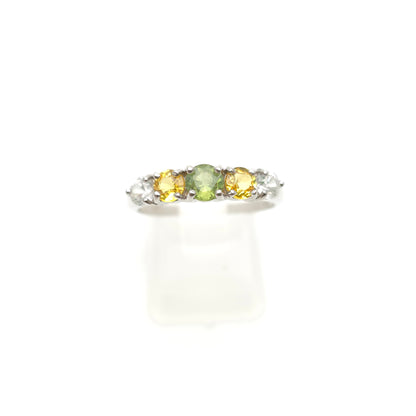 9ct White Gold Vari-Hue Green , Yellow, White Sapphire Five Stone Row Ring