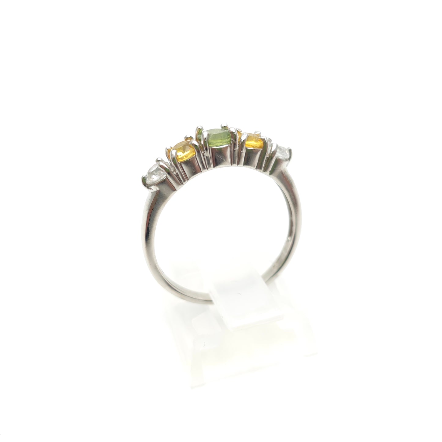 9ct White Gold Vari-Hue Green , Yellow, White Sapphire Five Stone Row Ring