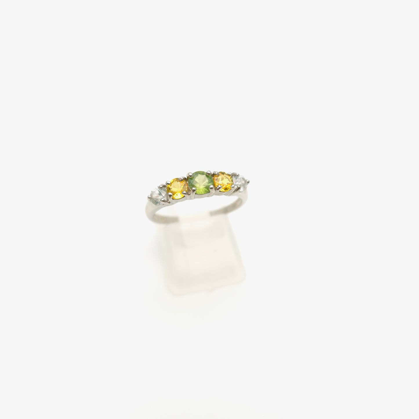 9ct White Gold Vari-Hue Green , Yellow, White Sapphire Five Stone Row Ring