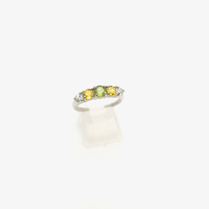9ct White Gold Vari-Hue Green , Yellow, White Sapphire Five Stone Row Ring