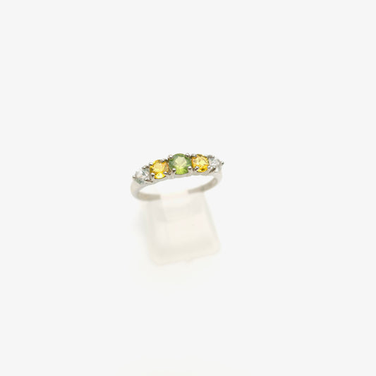 9ct White Gold Vari-Hue Green , Yellow, White Sapphire Five Stone Row Ring