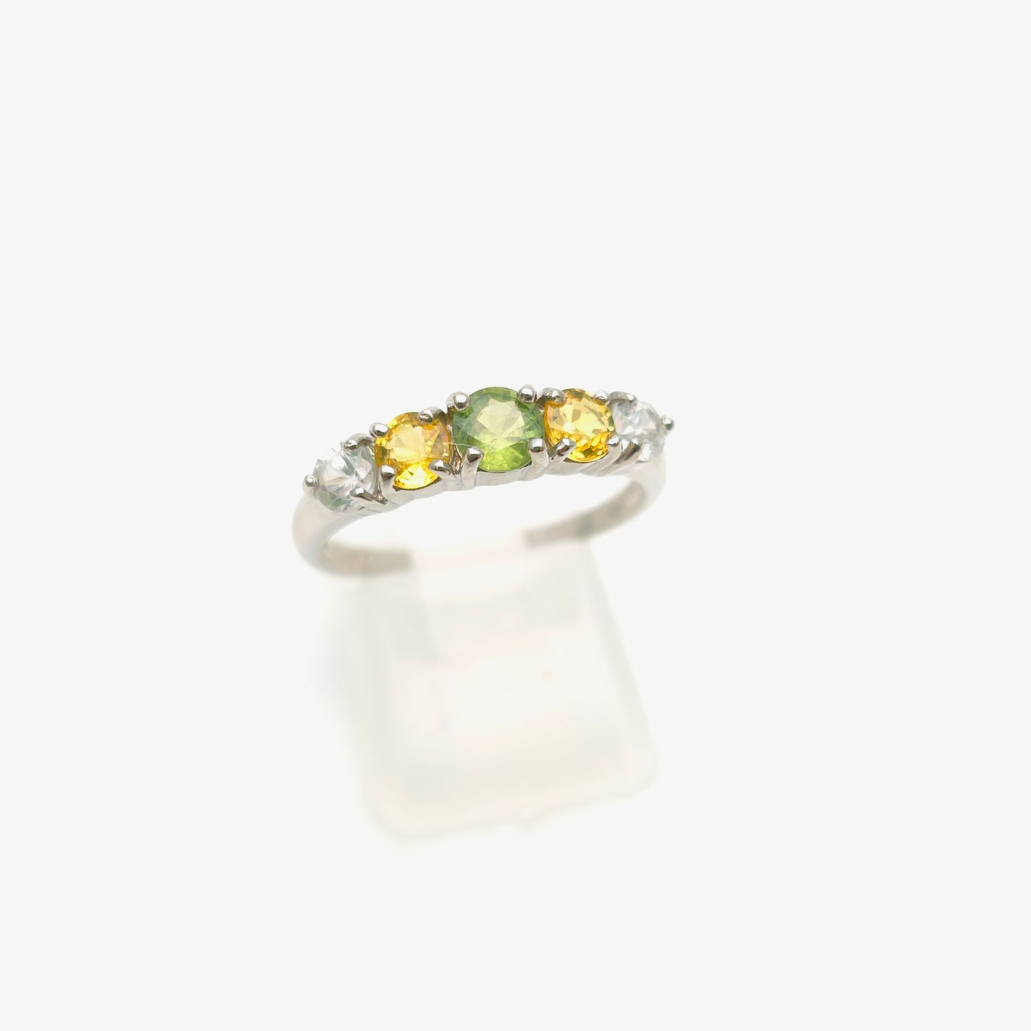9ct White Gold Vari-Hue Green , Yellow, White Sapphire Five Stone Row Ring