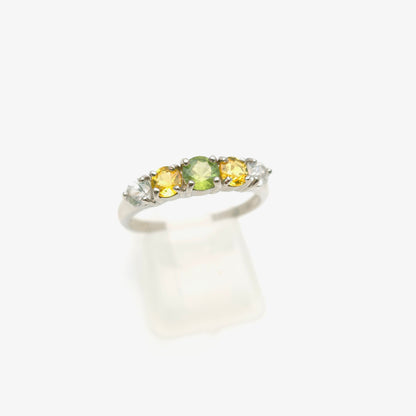 9ct White Gold Vari-Hue Green , Yellow, White Sapphire Five Stone Row Ring