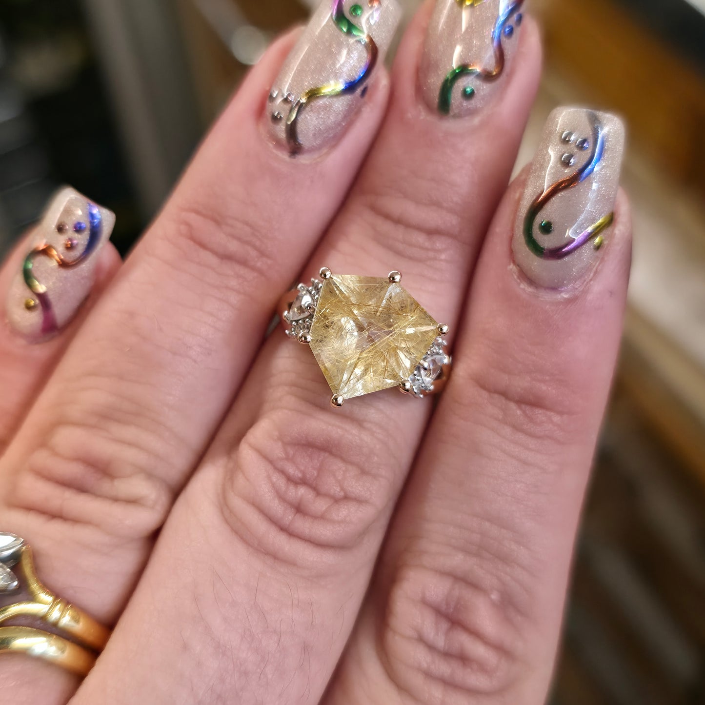 9ct Yellow Gold Chunky Rutilated Quartz And White Topaz Ring