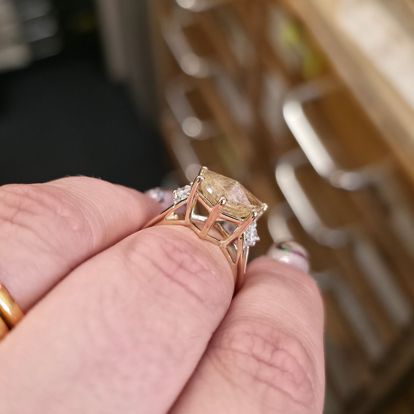 9ct Yellow Gold Chunky Rutilated Quartz And White Topaz Ring