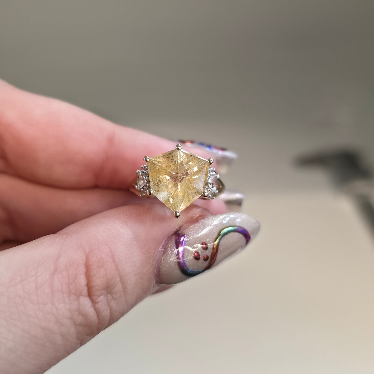 9ct Yellow Gold Chunky Rutilated Quartz And White Topaz Ring