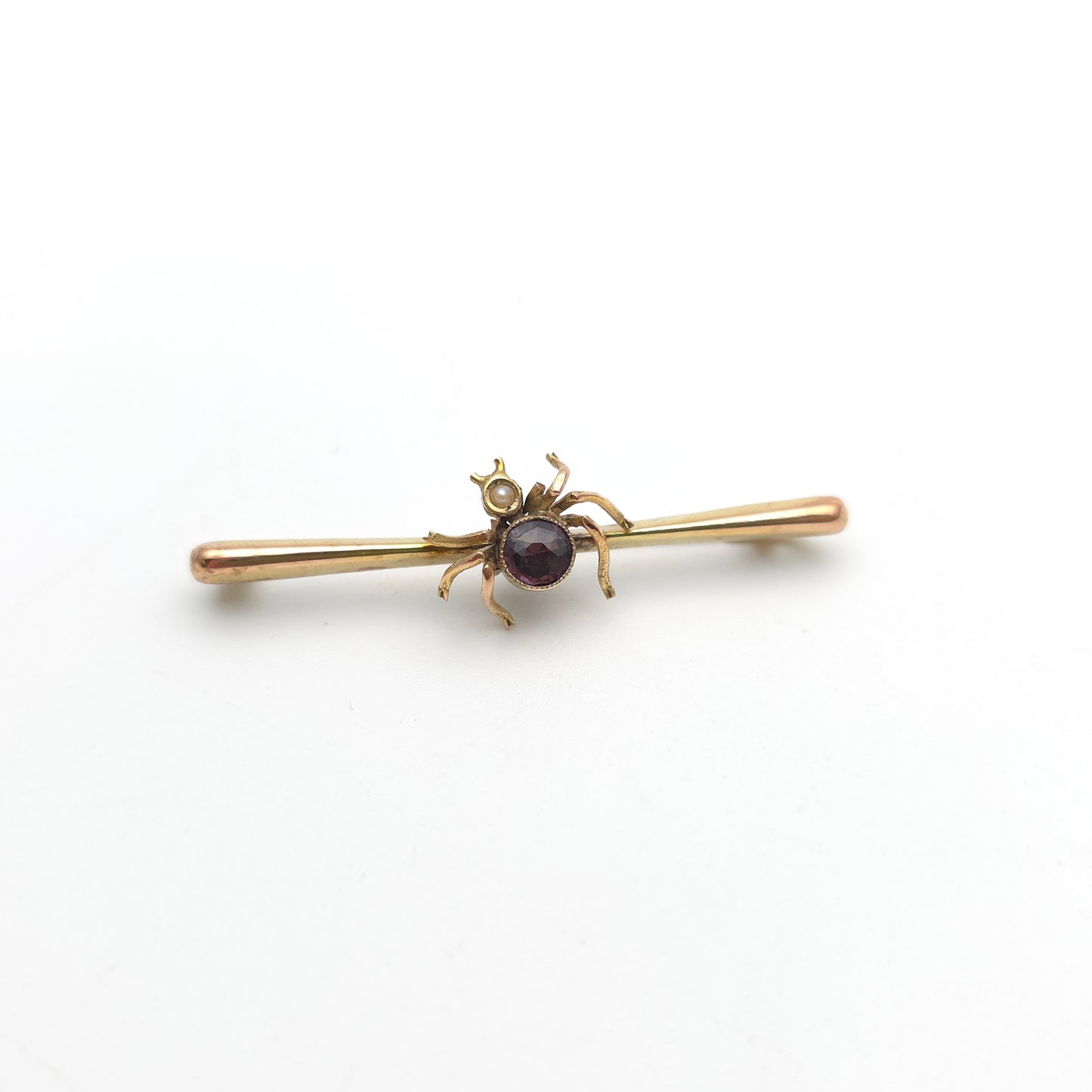 15ct Yellow Gold Antique Spider / Insect Pearl and Purple Stone Bar Brooch (AF)