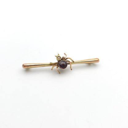 15ct Yellow Gold Antique Spider / Insect Pearl and Purple Stone Bar Brooch (AF)