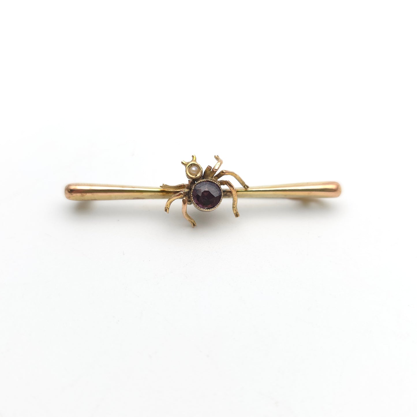 15ct Yellow Gold Antique Spider / Insect Pearl and Purple Stone Bar Brooch (AF)