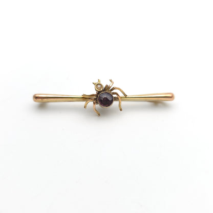 15ct Yellow Gold Antique Spider / Insect Pearl and Purple Stone Bar Brooch (AF)