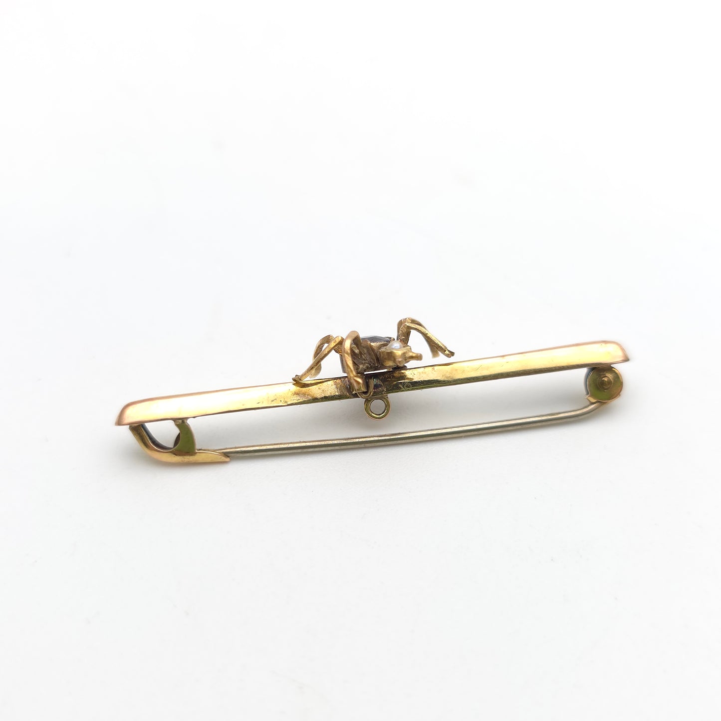 15ct Yellow Gold Antique Spider / Insect Pearl and Purple Stone Bar Brooch (AF)