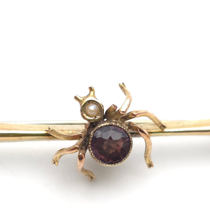 15ct Yellow Gold Antique Spider / Insect Pearl and Purple Stone Bar Brooch (AF)