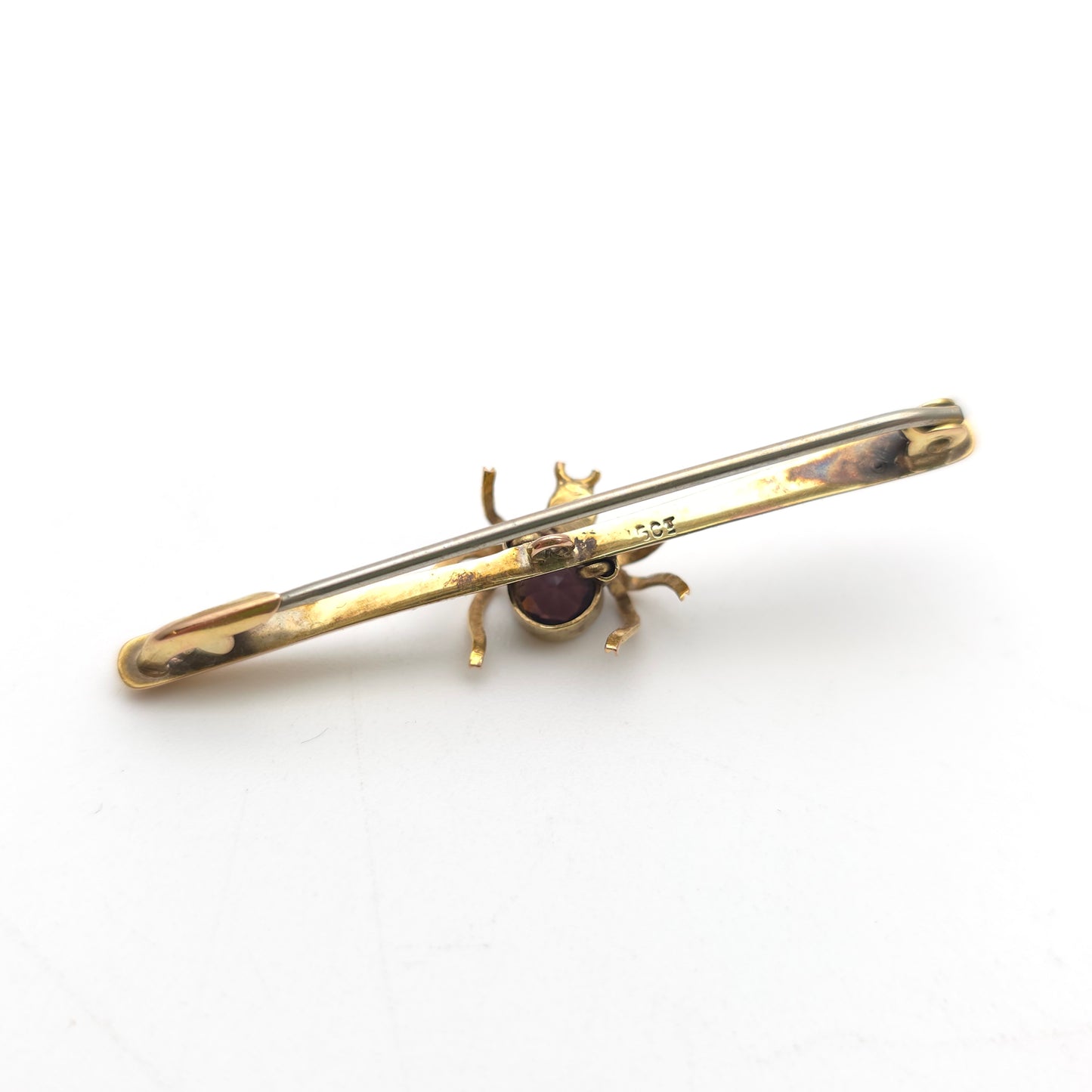 15ct Yellow Gold Antique Spider / Insect Pearl and Purple Stone Bar Brooch (AF)