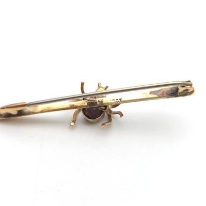 15ct Yellow Gold Antique Spider / Insect Pearl and Purple Stone Bar Brooch (AF)