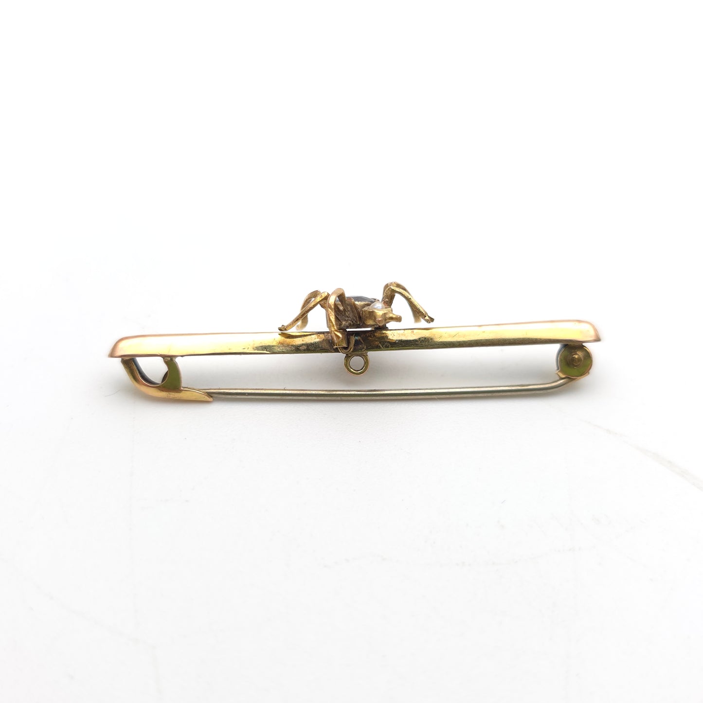 15ct Yellow Gold Antique Spider / Insect Pearl and Purple Stone Bar Brooch (AF)