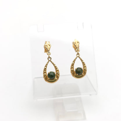 9ct Yellow Gold Vintage Green Stone Celtic Style Openwork Drop Earrings