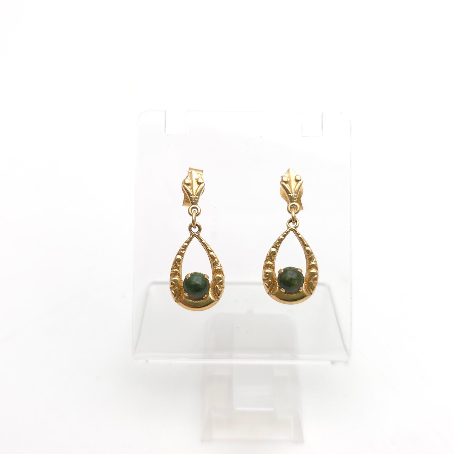 9ct Yellow Gold Vintage Green Stone Celtic Style Openwork Drop Earrings