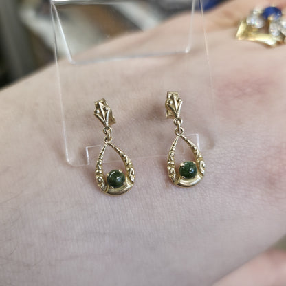 9ct Yellow Gold Vintage Green Stone Celtic Style Openwork Drop Earrings