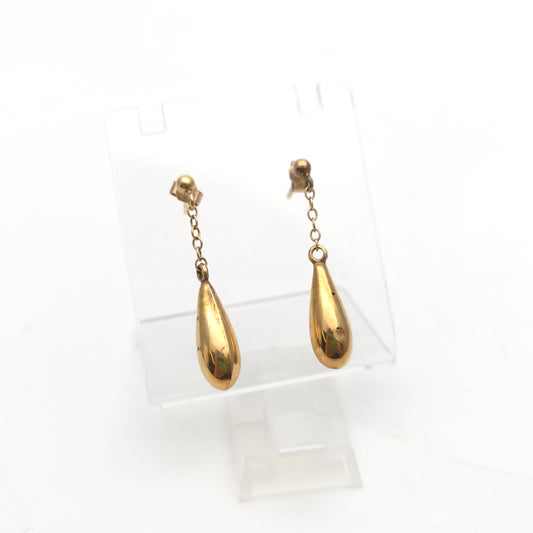 9ct Yellow Gold Antique Hollow Teardrop And Chain Drop Earrings