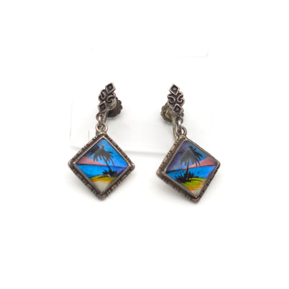 Sterling Silver Vintage Butterfly Wing Beach Scene Drop Earrings