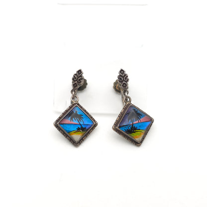 Sterling Silver Vintage Butterfly Wing Beach Scene Drop Earrings
