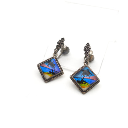 Sterling Silver Vintage Butterfly Wing Beach Scene Drop Earrings