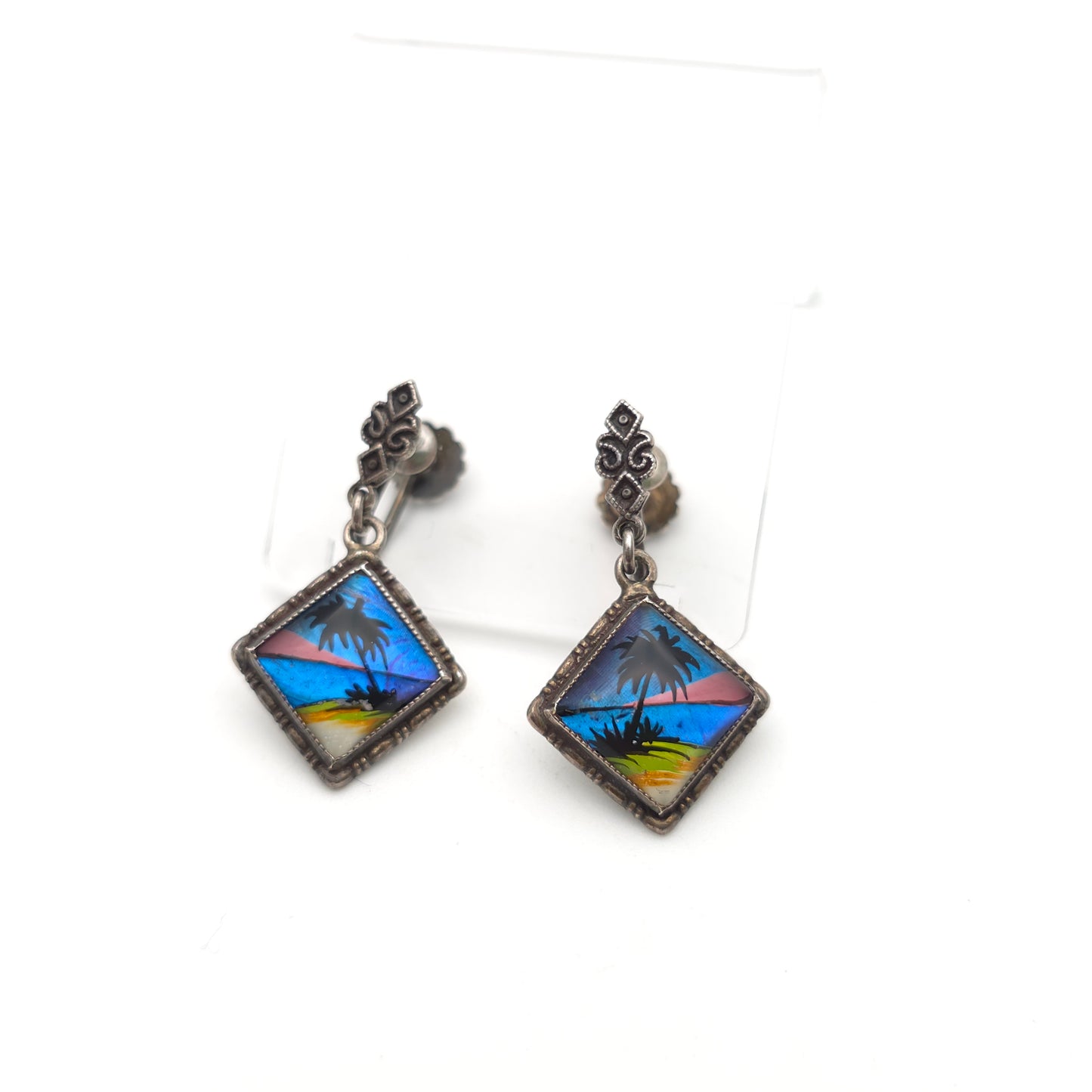 Sterling Silver Vintage Butterfly Wing Beach Scene Drop Earrings